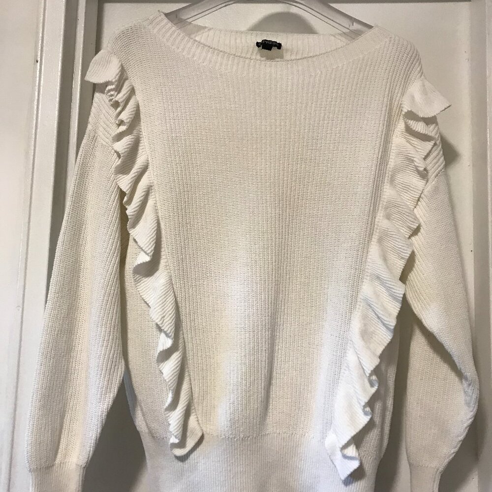 Express 100% Cotton Sweater Ruffle Boatneck Women's Size Small Petite